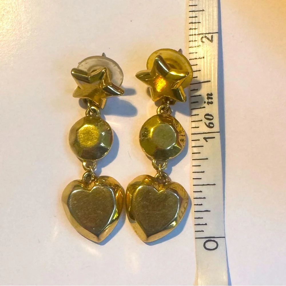 Vintage Gold Tone Drop Earrings Star Circle Heart Pierced Earrings